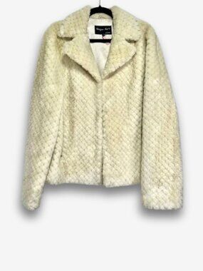 Vintage Style Cream Faux Fur Jacket Textured Cropped Coat Winter Size L
